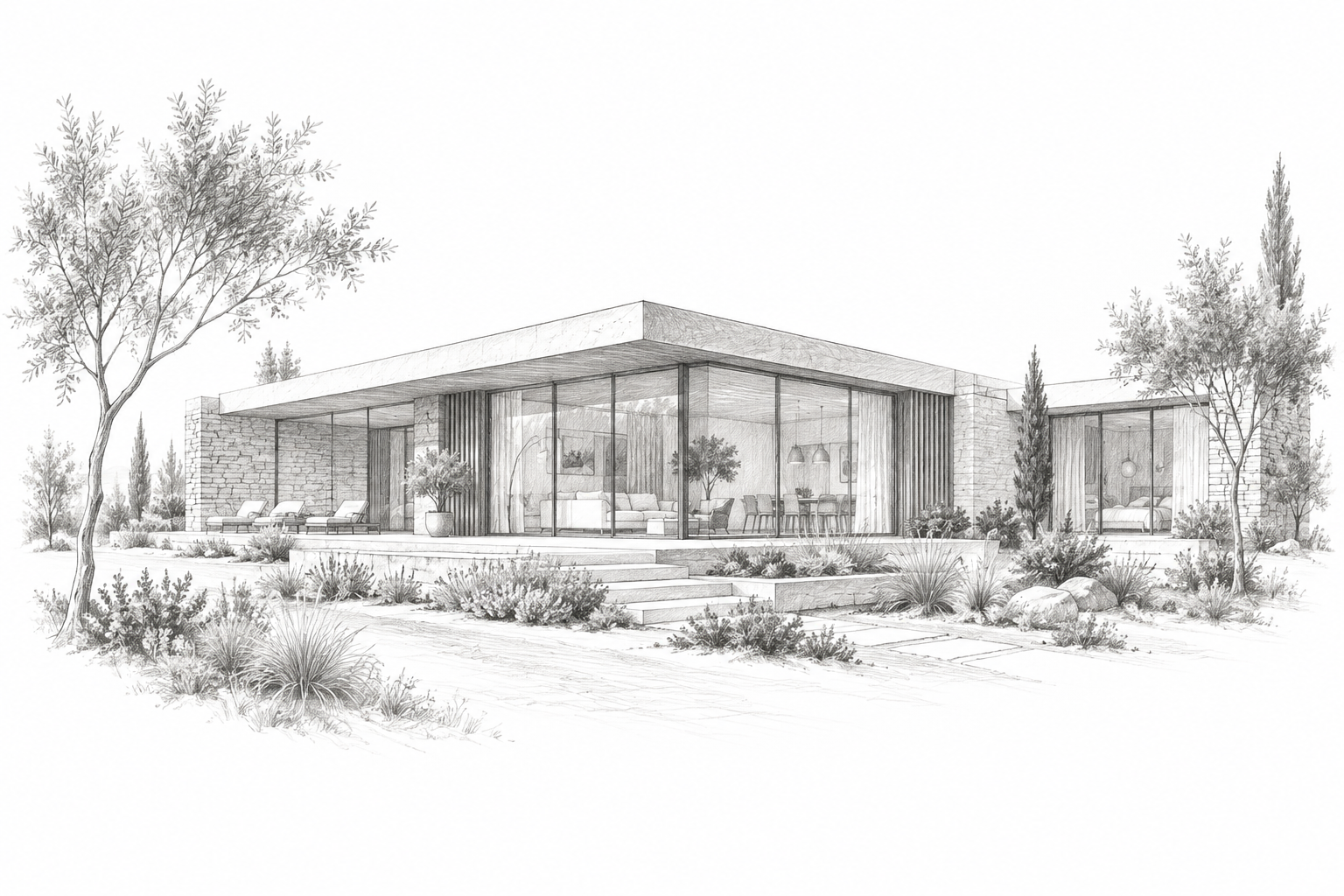 Ilustración arquitectónica a lápiz de una casa de campo · imagen referencial